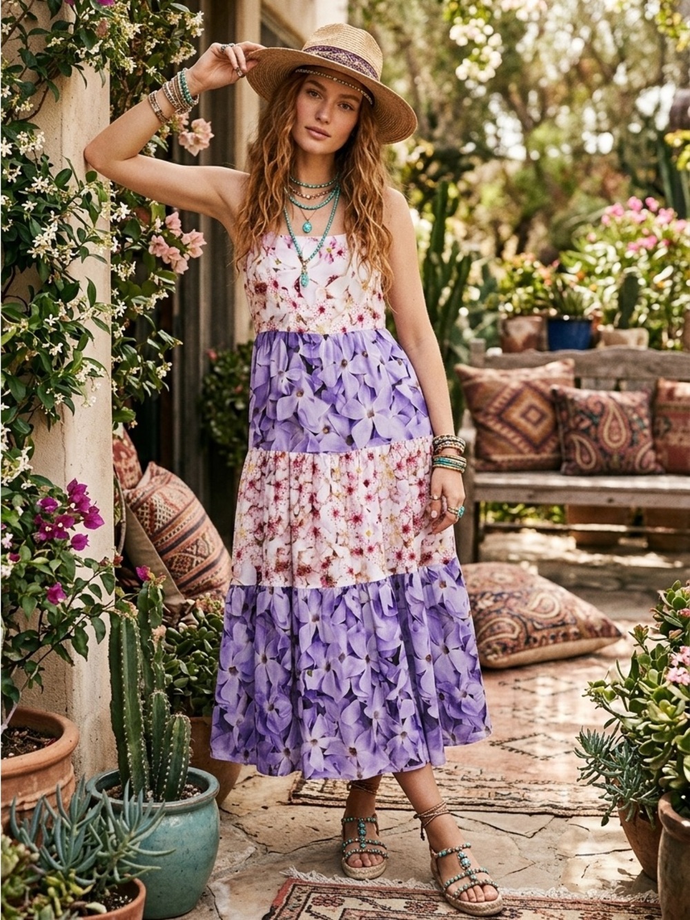 DESIGUAL Floral Tiered Maxi Dress in White/Lavender "Estrella" size extra small